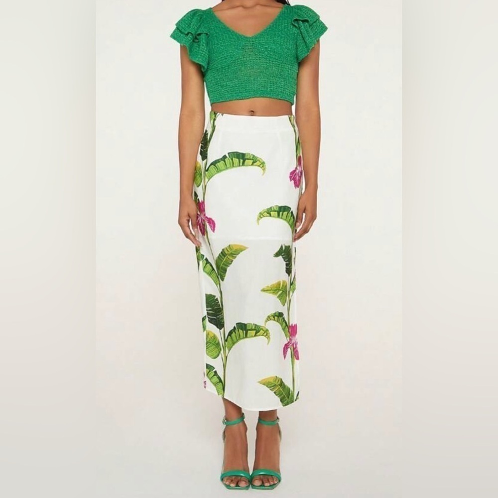 Bohemian Tropical Floral Print Skinny High Waist Split Thigh Skirt - Picture 3 of 10